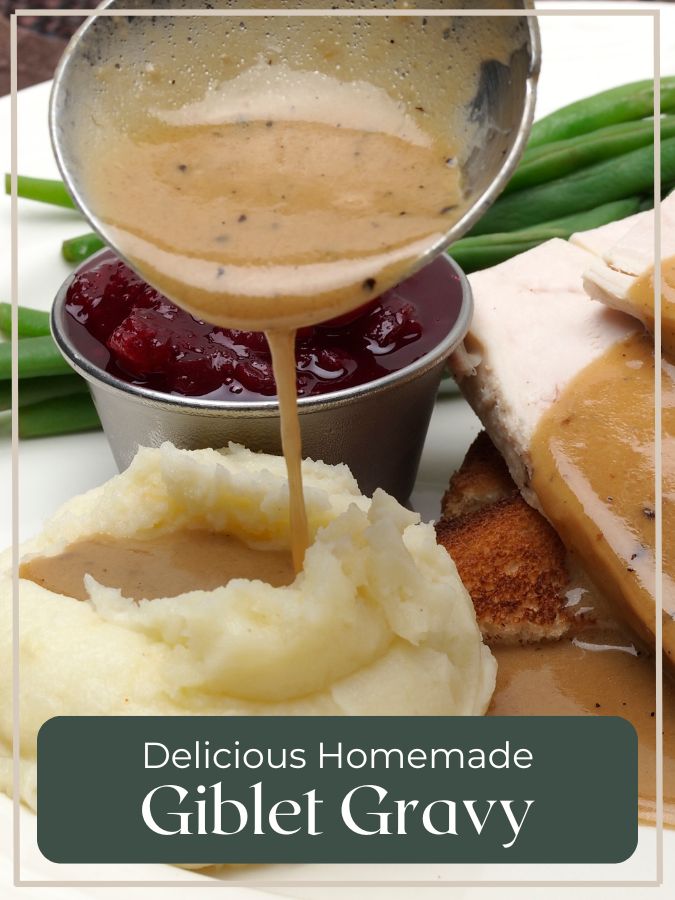 turkey giblet gravy poured over mashed potatoes and turkey with green beans and cranberries